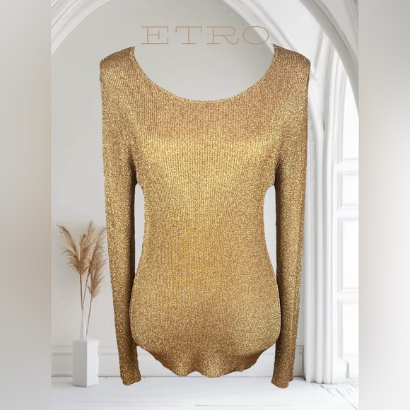 Etro | Gold Metallic Ribbed Knit Top - Picture 1 of 5